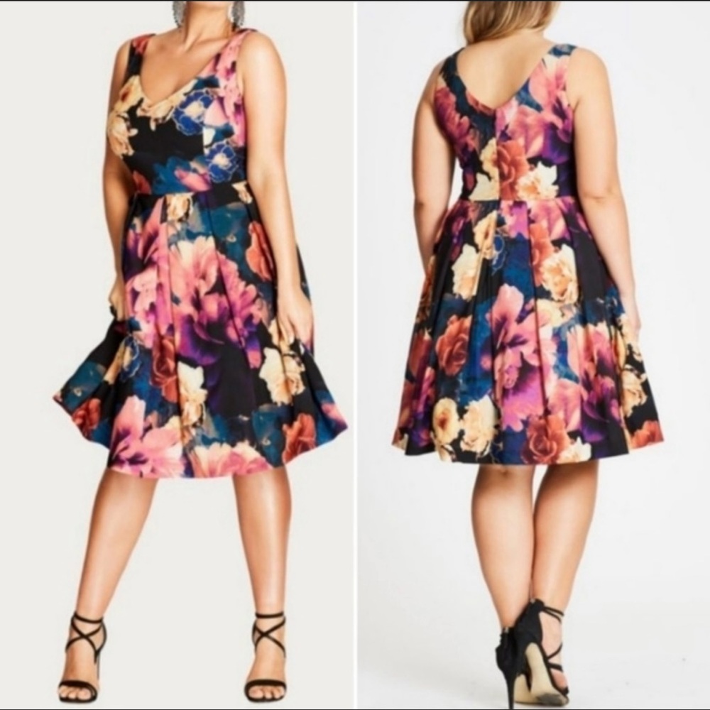 City Chic Sleeveless Floral Fit-and-Flare Mini Dress in Black and Rose - Picture 2 of 6